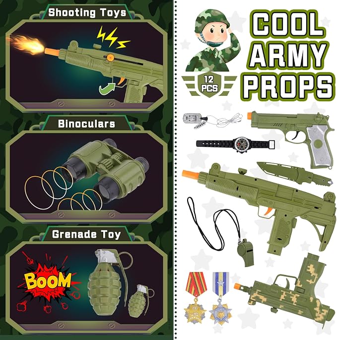 16PCS Kids Halloween Soldier Costume, Military Outfit with Accessories | Halloween Soldier Costume • 16PCS Military Set • Toy Accessories Included • Realistic Role Play • Ages 3-12
