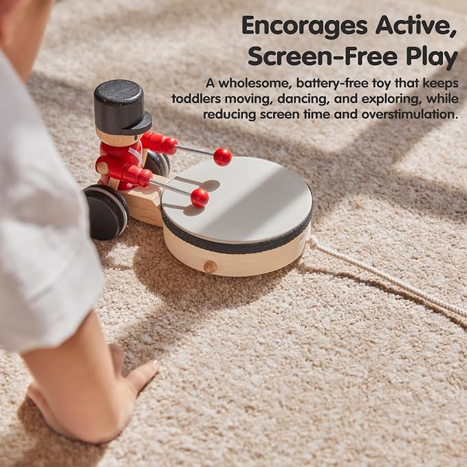 PlanToys® Wooden Pull Along Drummer Musical Toy for Kids Toddler Active Set | rolling wheels, drumming rhythm, baby musical toys, girls, boys, montessori focus coordination learning gift preschool