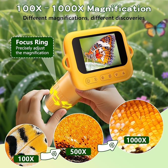 Odatay 1000X Digital Kids Microscope Kit with 12 Slides & 2" Screen, Orange | 1080P Imaging, Fit Ages 3-12, Standalone Pocket Science Edu Toys Gifts, Outdoor Backyard Bugs Exploring, Anti-drop Lanyard