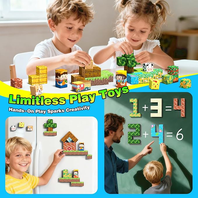 Mini Magnetic Blocks, Magnet Building Cubes, Farm Animal Travel Outdoors Toys with Portable Iron Box, STEM Montessori Sensory Educational Toys for Toddlers, Gift for Kids Ages 3-8 Boys & Girls
