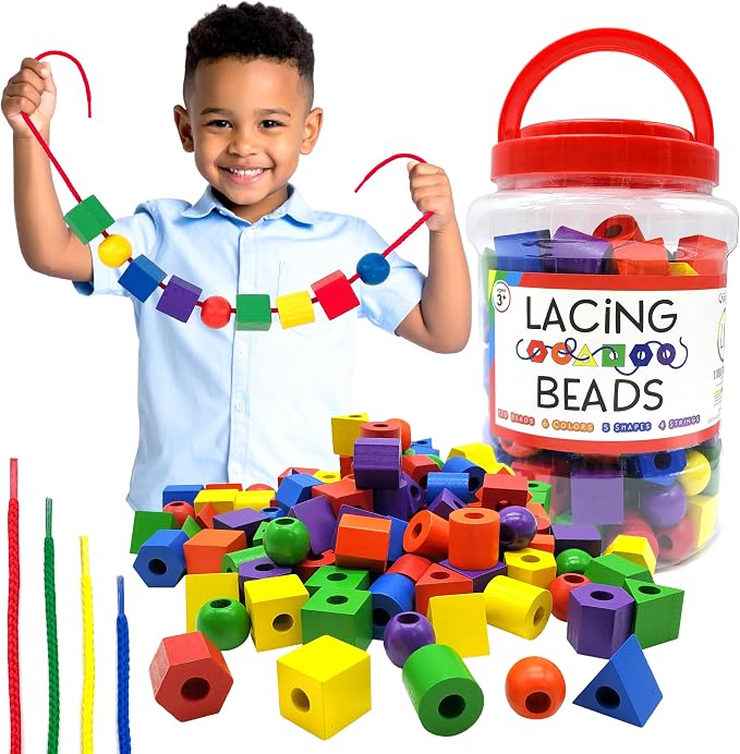 Wooden Lacing Beads for Toddlers 1-3 & 3-5 – 125 PCS with Storage Tub | Stringing Beads for Toddlers 1-3 & Fine Motor Skills Toy for Hand-Eye Coordination & Color Sorting