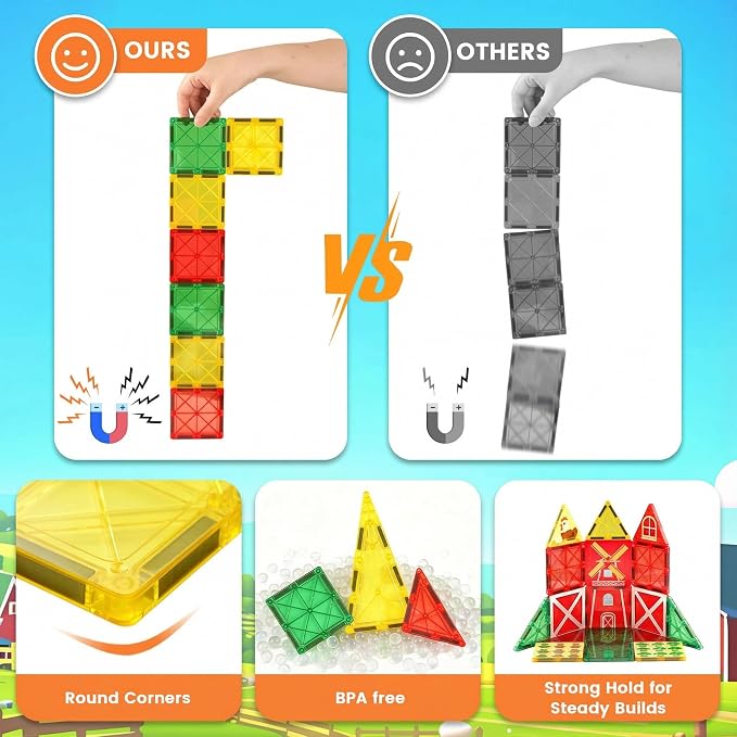 3 Otters 42PCS Magnetic Tiles Set, Building Blocks with Farm Animals | Magnet Toys for Kids, Preschool Learning, Spatial Awareness, Shape Recognition, Classroom Must Haves, Birthday Gifts