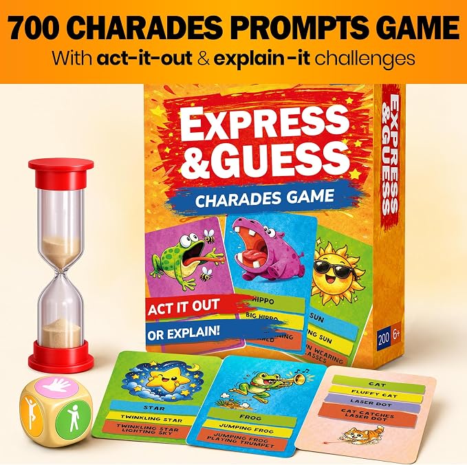 Charades Games for Kids 8-12 and Adults - Family Board Game for Kids 6-8 | 200 Acting and Explaining Cards with Timer - Express & Guess - Fun Card Games for Family Night and Travel