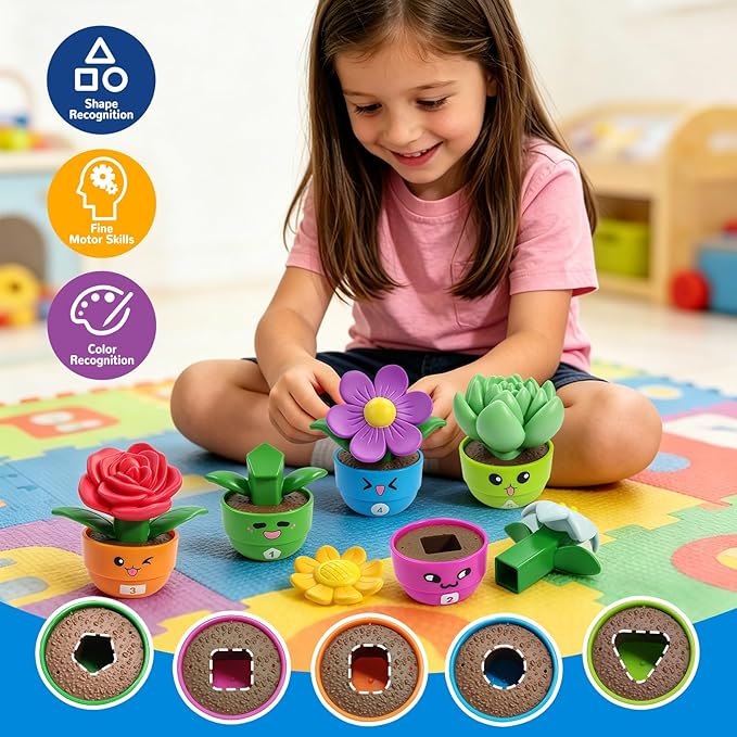 Flower Garden Toddler Toys, Kids Gardening Building Toy, Color Shape Sorting & Matching Game, Montessori Stacking Sensory Learning Toys, 2 Year Old Girl Birthday Gift