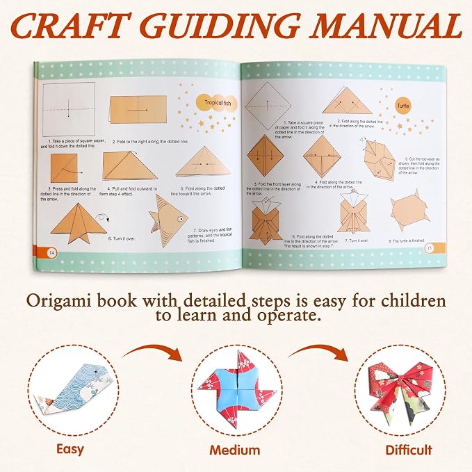 Pigipigi Kids 360 Pcs Origami Paper Kit,Arts and Crafts for Kids Ages 5-12 | Beginners Origami Kit with 60 Japanese paper,Step-by-Step Guiding Book, DIY Craft Birthday Gift for Boys Girls ages 5-12