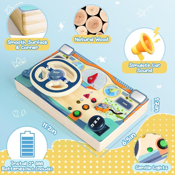 Busy Board for 1 2 3 Year Old, Montessori Toys Wooden Toddler Sensory Toy | Busy Board with LED Lights Sound Switch, Activity Travel Toy, Steering Wheel,Toddler Toy Christmas Birthday Gift for Boy Girl