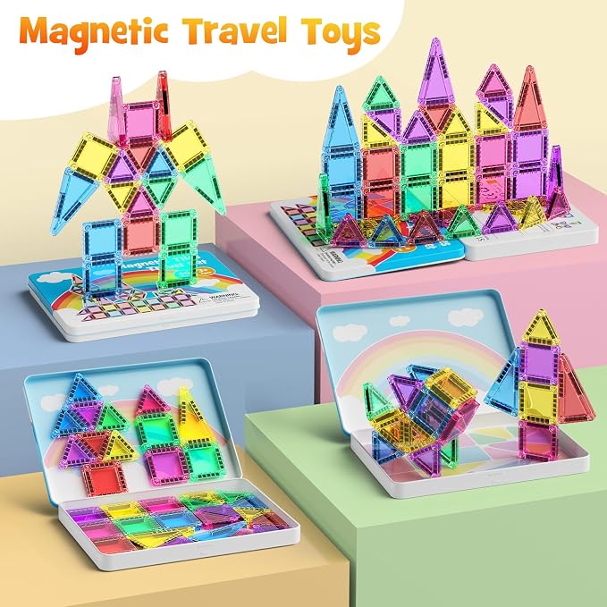 Travel Magnetic Tiles Set Kids: 40pcs Blocks Iron Box Carry,45s Storage | 30+ Mins Screen-Free Quiet Play, Strong Magnets Hold 6 Tiles, for Planes/Car/Restaurant, Ages 4-8