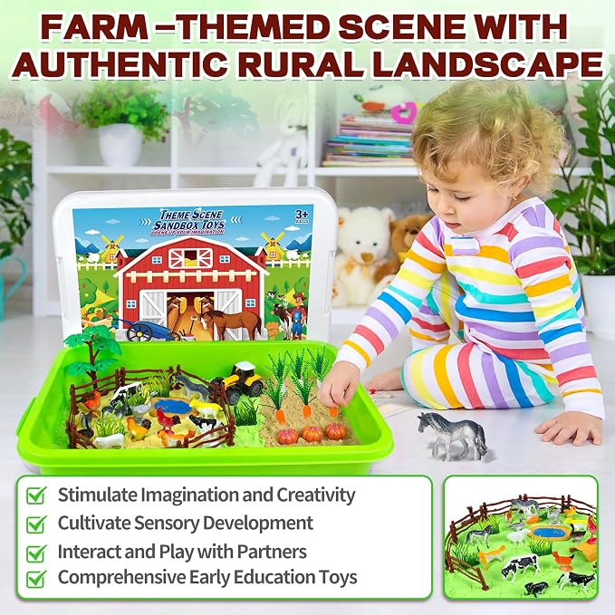 59 Pcs Farm Sensory Bin, Sensory Bins Farm Toys for Kids 3-5 6 7 Sand Toys | Farm Sand Box Kits with Sandbox & Farm Animals & Tractor Toy Playset, Magic Sand Toys for Boys Girls Birthday Gift 3-5 6 7 8