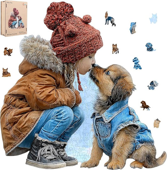 MEATRN Wooden Puzzles for Adults, Animal Wood Jigsaw Puzzles, 216 Pcs | Cute Little Girl Kissing Puppy, Heartwarming Parent-Child Game, Birthday Gift for Kids Home Decor, 11.4x11.4 in
