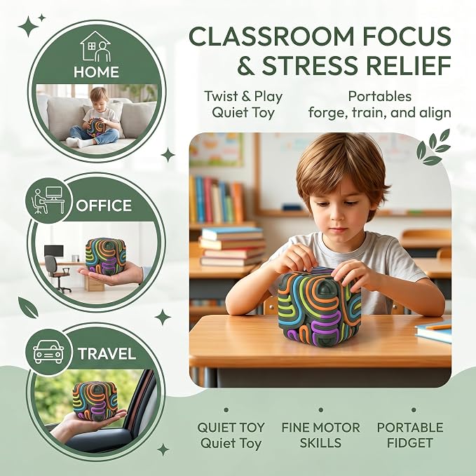 Sensory Activity Board Cube Fidget Toys for Kids & Adults - Zero Noise Silicone Quiet Toddler Travel Toys for Car Rides & Airplane - Autism ADHD Calming Toy Gift Stuffers with 15 Strings