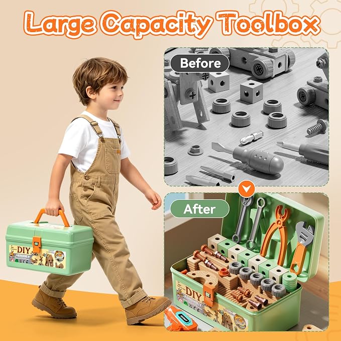 CUTE STONE 158PCS Kids Tool Set with Toy Drill | STEM Construction Building Toys with Storage Tool Box, Montessori Pretend Play Gift for Toddler Boys and Girls Ages 3-6