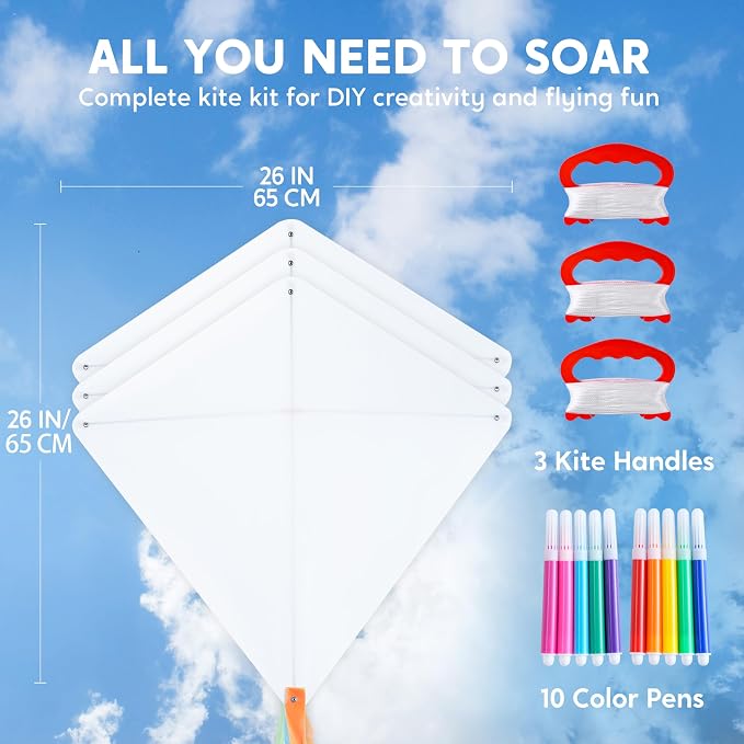 SYNCFUN 6 Packs DIY Kites for Kids with 10 Color Markers, Kids Making Craft Kits Bulk, Decorating Coloring Party Pack, Beach Kite Easy to Fly for Outdoor Games and Activities