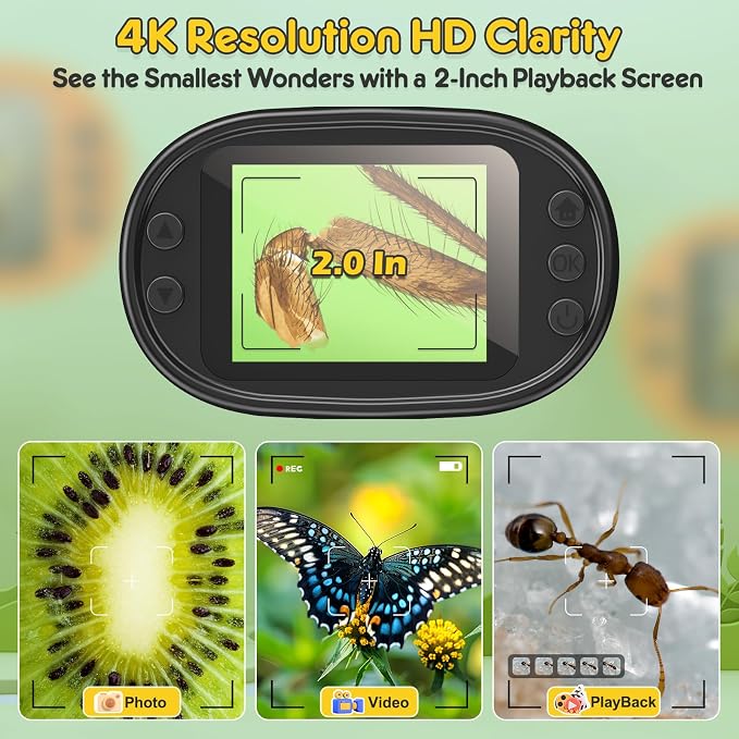 Kids Digital Microscope Science Gift: Complete STEM Toy Kit for Ages 4-12 | 32GB Card for Photos & Video / Custom EVA Case / Real Glass Slides / Upgraded 3mm Slide Slot / 2.5H Rechargeable Use