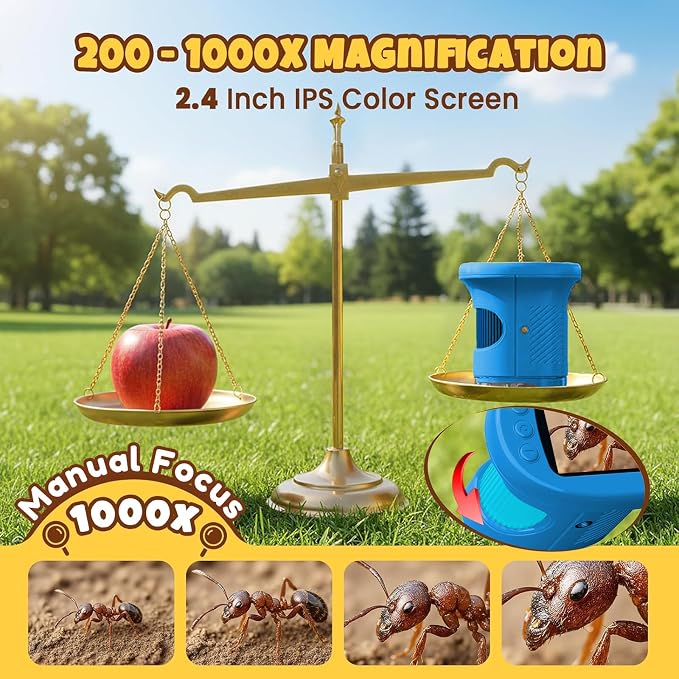 Handheld Digital Mini Microscope for Kids: 1000X 4K 2.4" Microscopes Toys | Portable Pocket STEM Electronic Learning Educational Science Kit 8-12 Birthday Gift 4 5 6 7 Year Old Boy Girl