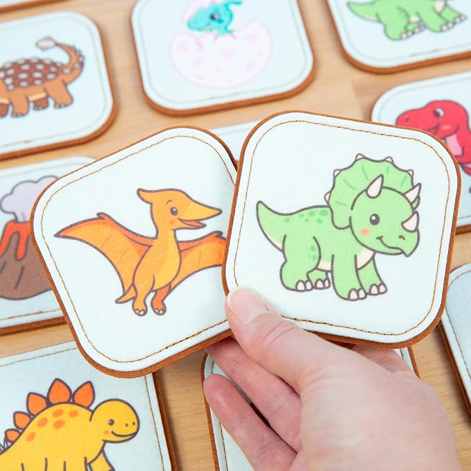 Felt Dinosaur Matching Game for Toddlers – Dino Memory Game & Flash Cards – Soft and Safe for Ages 1+ – Montessori Preschool Learning Activity – Educational Dinosaur Toy for Girls & Boys