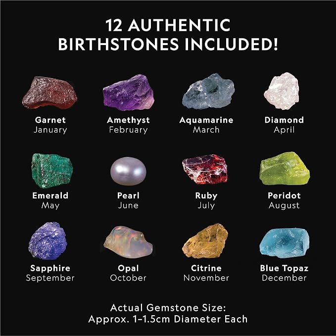 National Geographic Birthstone Dig Kit with 12 Genuine Gemstones for Kids | Real Diamond, Ruby, Sapphire & Pearl Specimens, 12 Genuine Birthstones, Gem Mining Activity, Rock Collection, Birthday Gift