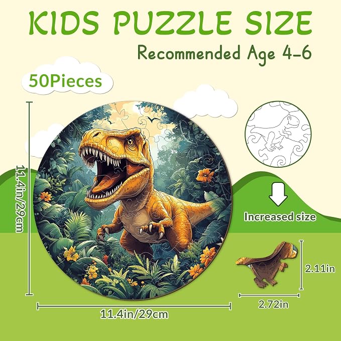 Wooden Puzzles for Kids - Dinosaur Tyrannosaurus Rex | 50 Piece Puzzles for Kids Ages 4-6 - Kids Puzzle with Unique Animal Shapes - Round Puzzles for Boys and Girls (11.4 * 11.4in)