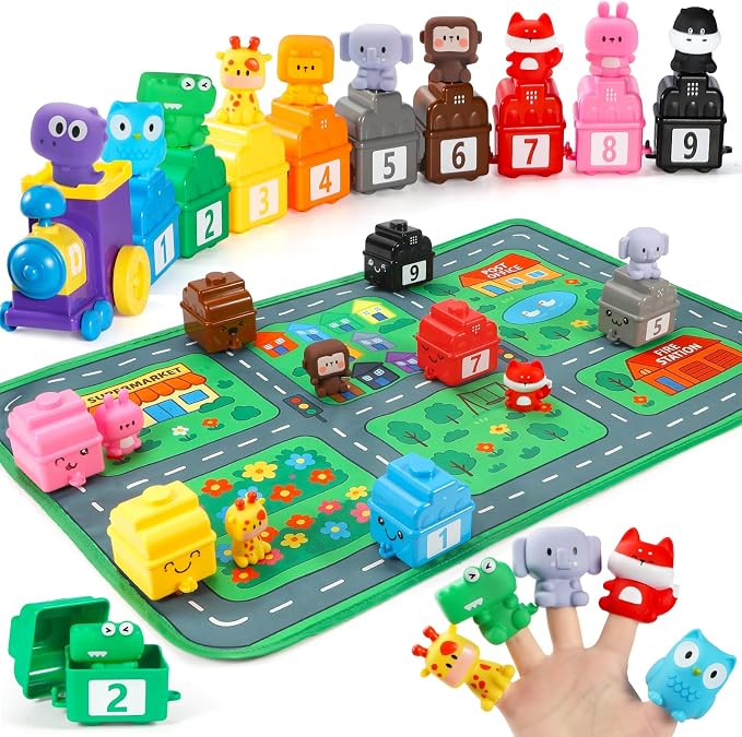 URMYWO Learning Toys for 1 2 3 Years Old Boy Girl, Montessori Toddler Toys | Train Set with 10 Finger Puppets & Play Mat, Counting Matching & Sorting, Toddler Birthday Gift