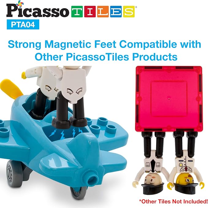 PicassoTiles Magnetic Figures 4 Piece Aircraft and Action Figure Magnet Airplane and Helicopter Expansion Pack Toddler Toy Set Educational Learning Kit Pretend Playset for Construction Building Block