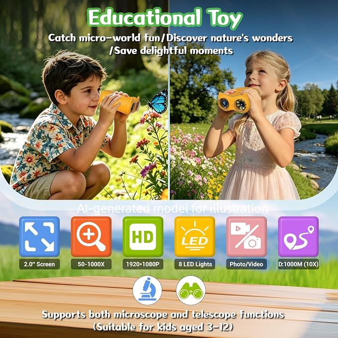 Handheld Microscope for Kids, 2 in 1 1000X Pocket Digital Microscope & 10X Telescope for Kids - Science Kits STEM Toys - Gifts for Boys Girls Ages 3 4 5 6 7 8 9 10 11 12 (Orange)
