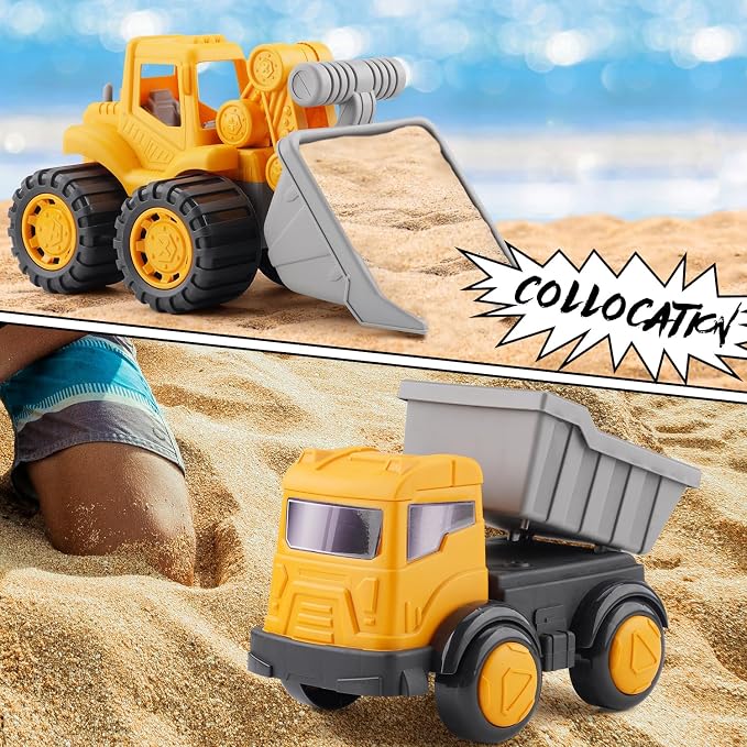 Long Shovel Sand Beach Toys with Big Excavator Toy, Dump Truck Toy, Construction Toys, Sand Castle Toys for Beach, Beach Rakes, Molds, Mesh Beach Bag for Kids, Toddlers, Boys & Girls (31 PCS)
