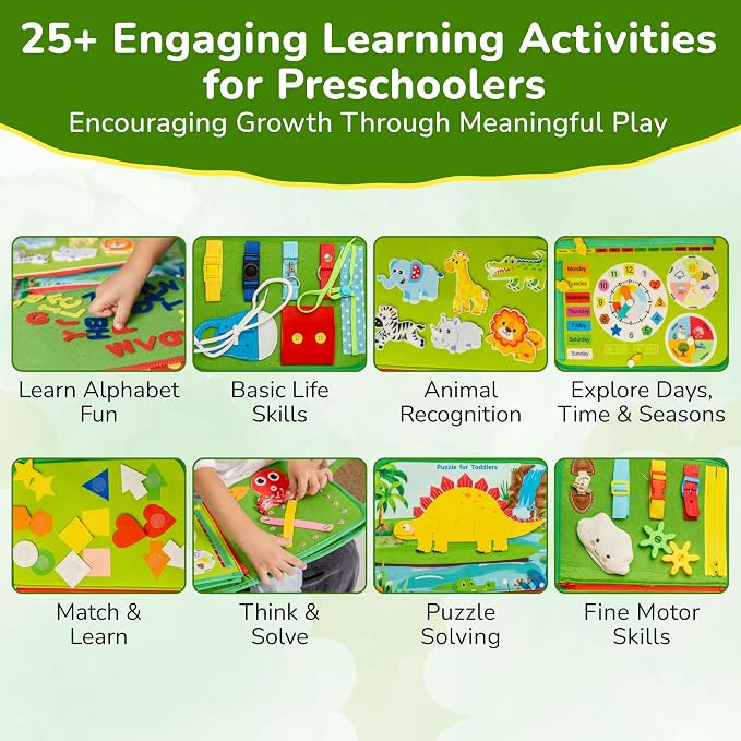 Solens Busy Book for Toddlers, Montessori Busy Board with 25+ Activities on 8 Pages and 3D Assorted Puzzles, Felt Activity Book with Numbers, Colors, Daily Life and Fine Motor Learning, Pink (Green)