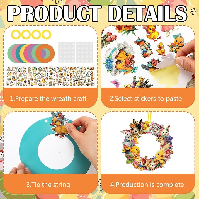 Hollowfly 48 Sets Easter Wreath Craft Kits, DIY Spring Bunny Paper Crafts | Includes Stickers and Ribbons, Easter Family Activity, Spring Party Wall Door Hanging Decor, School Crafts