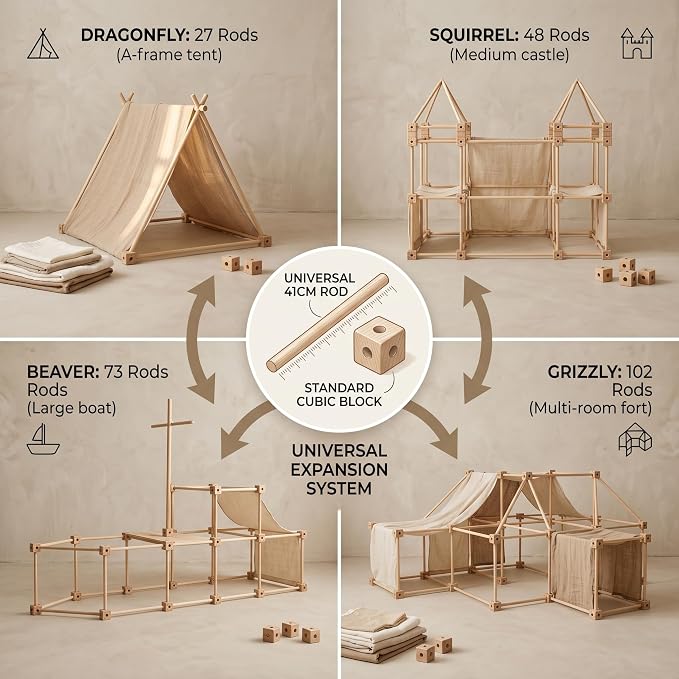 Little Genius Wooden Fort Building Kit for Kids – 68 PCS Beech Wood Fort Builder | Fort Building Kit for Kids 4-8 & 8-12 | STEM Indoor Fort Kit | Build a Fort | Includes Storage Bag & Assembly Book