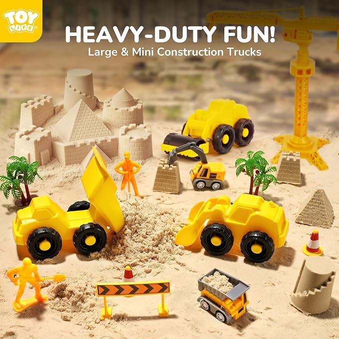 TOY Life 38-Piece Construction Sand Kit with Foldable Sandbox, Ages 3+ | 2.25 lb moldable material, 8 vehicles, crane, 6 molds, traffic signs, glow stones