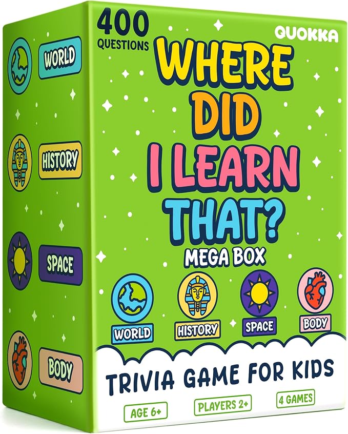 QUOKKA Trivia Games for Kids – 4SET World, Space, History & Human Body – Fun Card Game for Family Game Night – Educational Trivia Cards for Kids, Family and Adults – Travel Games for Boys & Girls 4-8