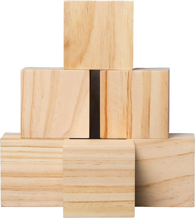 6 Pack Unfinished Wood Blocks 3 Inch - Solid Pine Wooden Cubes for Crafts, Sanded Smooth Natural Wood Squares for Carving, Painting, Engraving & Rustic Home Decor