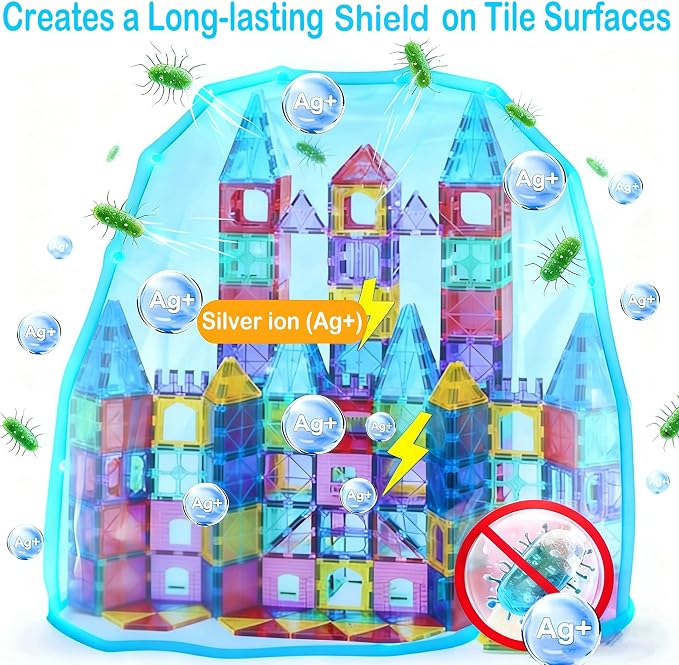 Antibacterial Magnetic Tiles 142PCS with 2 Cars, Built-in Antibacterial Protection, Inhibits Bacterial Growth for Healthier Play, STEM Educational Building Blocks for Kids Aged 3+