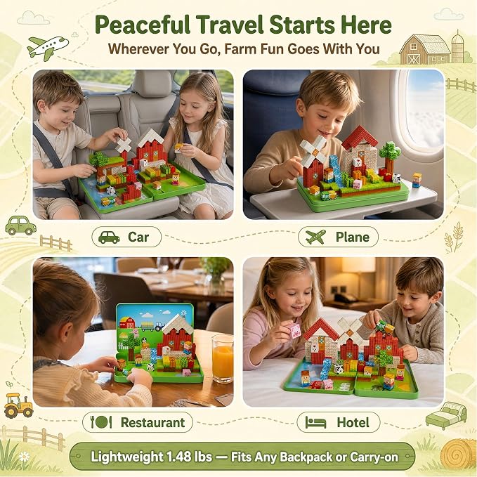 Magnetic Cubes Farm Travel for Kids: Hold 15 Blocks, 60s Storage | 100 PCS Animal Building Set, N32 Magnets & Portable Tin Case – Screen-Free Car, Plane & Road Trip Toy for 2 Toddlers Ages 3-8