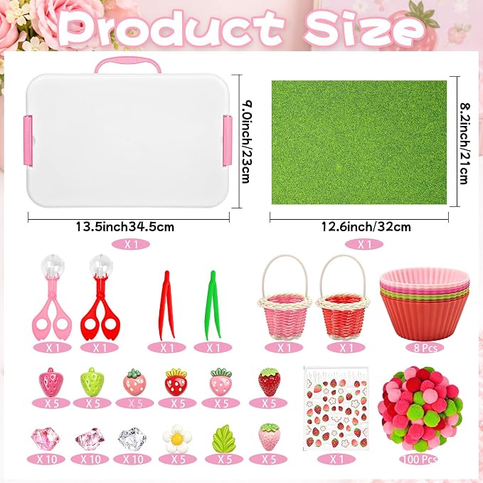 Cinrobiye 192 Pcs Strawberry Theme Activity Fillers Set with Storage Box, Summer Fruit Accessories, Artificial Grass Mat, Flowers, Pompoms & Decorative Materials for Classroom Activities, Home Project