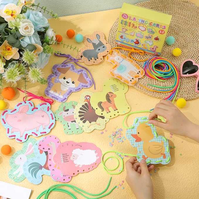 Chivao Lacing Cards for Toddlers Kids, 12 Pcs Sewing Kit Preschool Learning Activities for Kids Travel Craft Set Manipulatives for Preschoolers Homeschool Developing Imagination Skills