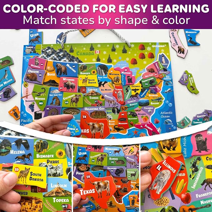 Magnetic Puzzles for Kids Ages 4-6 - USA Map Puzzles for Toddlers 3-5 | Montessori Realistic Educational Toys for Kids - United States Geography Learning Games for 5-8 Years Old