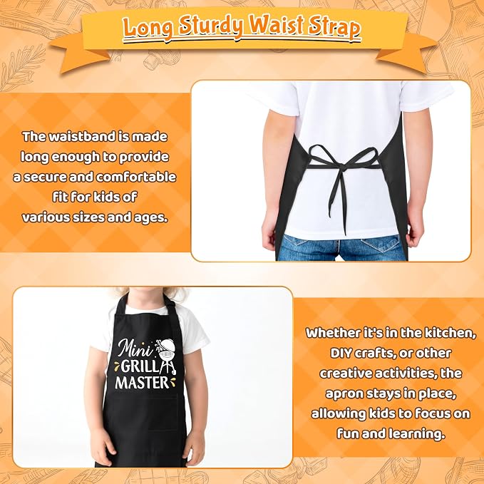 R HORSE Kid Apron and Chef Hat Set 2Pcs Adjustable Black Mini Grill Master Children Kitchen Apron, Dress up Role Play Chef Toy Funny Cooking Baking Painting and Training Kits for Kids Birthday Gift