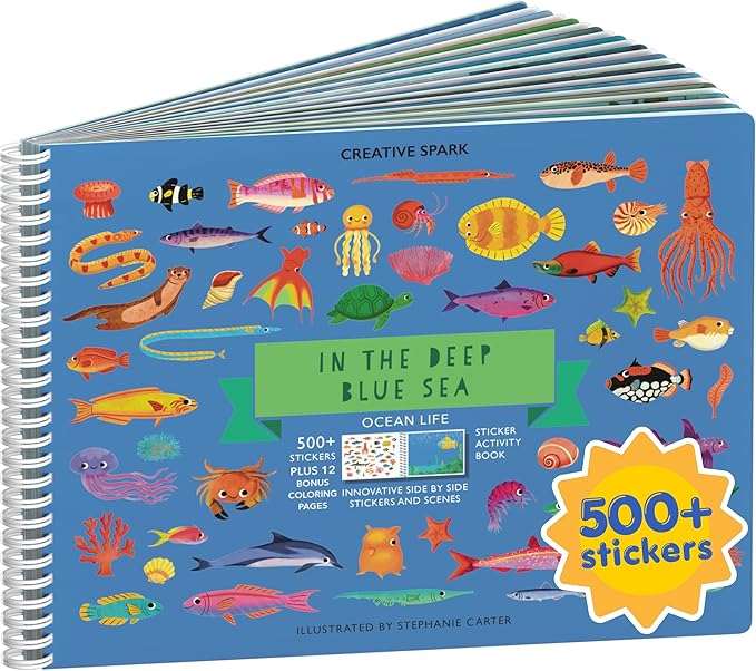 Cupkin Ocean Coloring & Sticker Activity Book | 500+ Stickers | Spiral-bound kids craft format with 12 scenes, 12 art pages, side-by-side viewing, and an easy-peel design for ages 2–8