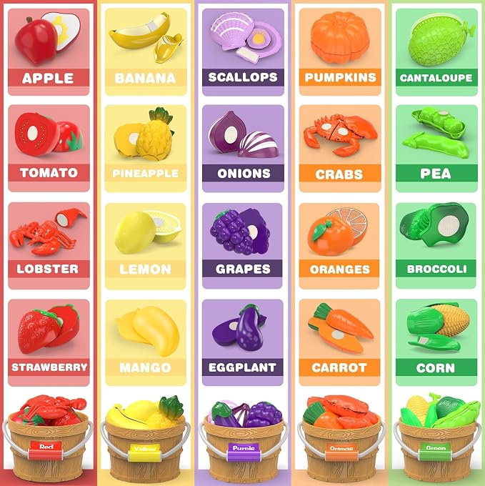 Play Food Toys with with Shopping Storage Basket, Cutting Food Sorting Toy | Pretend Play Kitchen Accessories, Cutting Food Sorting Toy, Fake Fruits/Vegetables Set , Plastic Board and Knife, Birthday