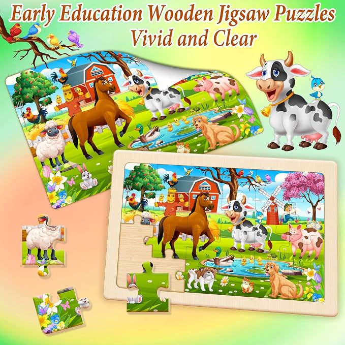 Wooden Puzzles for Kids Ages 4-6, 4 Pack 24 Pcs Toddler Puzzles Set for Ages 3-5, Early Educational Brain Teaser Toys Gift for Boys Girls 3 4 5 6 7 8 (Dinosaur, Space, Animal, Farm)