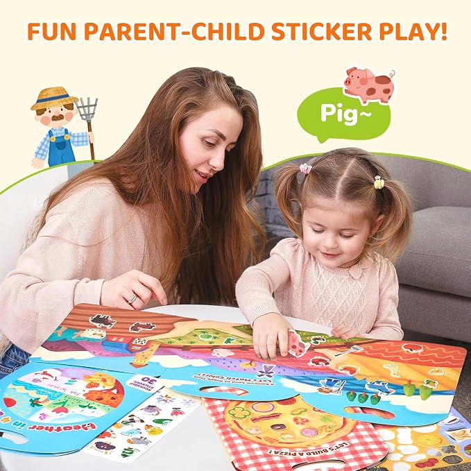 JoyCat Reusable Sticker Book Set, 3-Pack, 90 Stickers, Farm Pizza Weather | Washable stickers make kids sticker activity books and road trip travel toys for toddlers; birthday gifts for boys and girls.