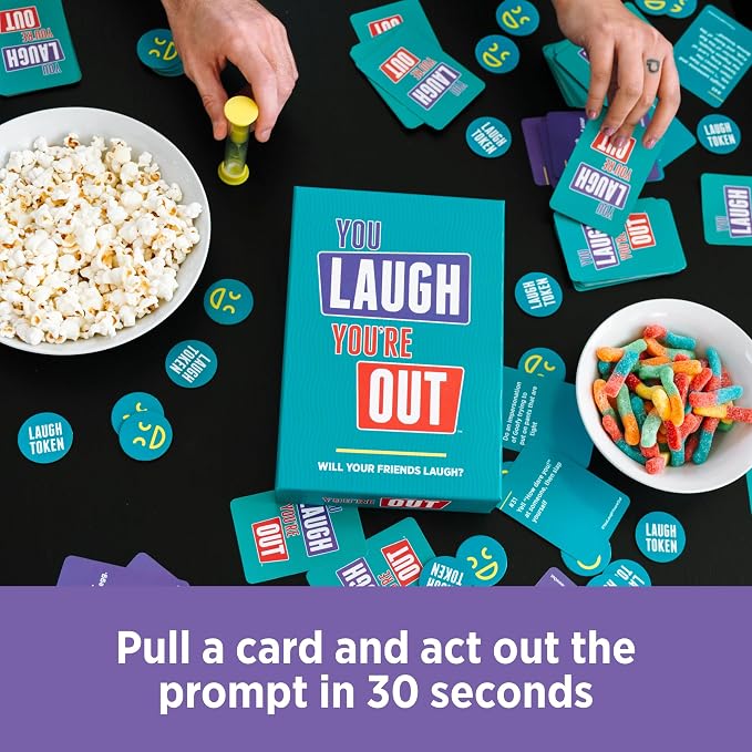You Laugh You're Out | Charades Party Card Game for Adults & Teens Ages 14+ | 125 Prompt Cards, Laugh Tokens, Sand Timer, 4+ Players, Try Not to Laugh Challenge, Teen Game, Game Night Activity