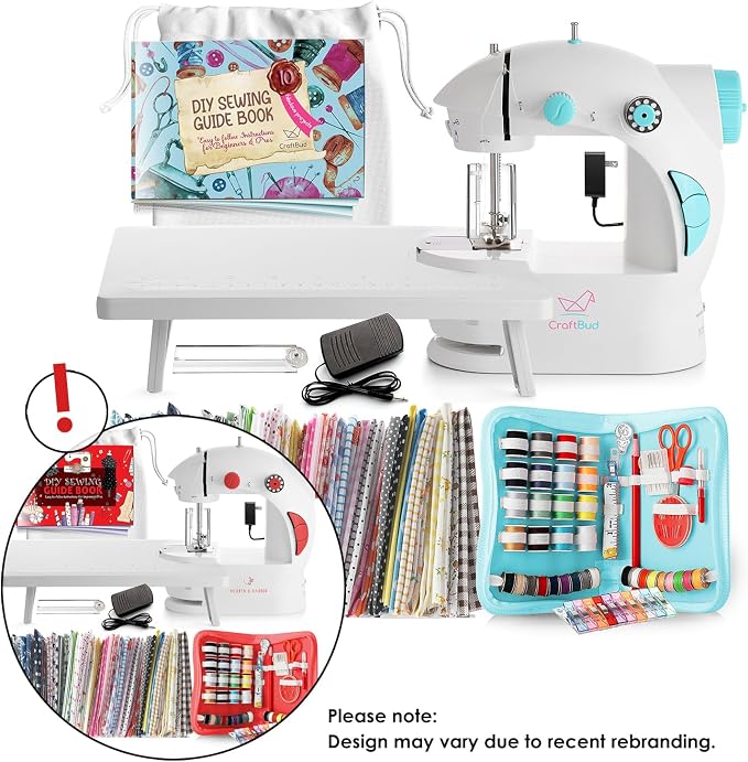 CraftBud Mini Sewing Machine for Beginners, Adults and Kids Sewing Machine | 122-Piece Sewing Kit Accessories, Portable, Dual Speed, Extension Table, Foot Pedal, Built-in Light, Guide Book & More, White