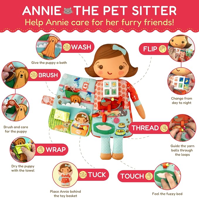 Annie the Pet Sitter – 2-in-1 Soft Activity Doll & Busy Book | Screen-Free Travel Plush Toy with Tethered Pieces for Toddlers and Preschoolers ages 1–4 by Aleni Brands