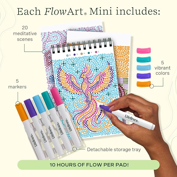 Lifelines FlowArt Mini Activity Pad, 3-Pack - Dot-by-Letter Coloring Books | 15 Double-Sided Markers & 60 Scenes - Guided Art Meditations for Tweens, Adults & Seniors - Dot-by-Letter - Patent-Pending