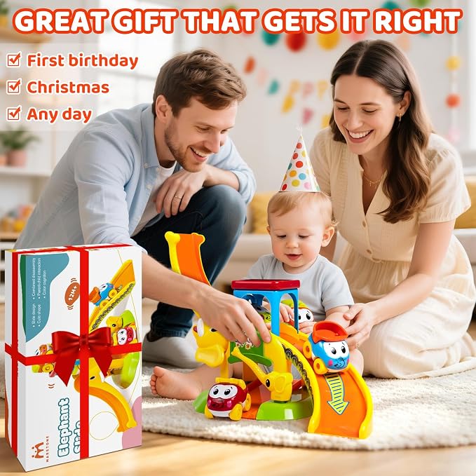 Marstone 1-2 Year Old Toddler Race Track Toy with Animal Push Cars for Boys | Educational Elephant Slide for 12-18 Months Girls, Learning Birthday Gift Toy for Ages 1-3