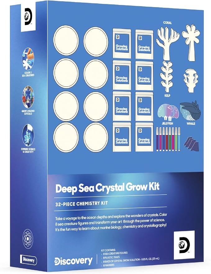 Discovery™ Deep Sea Crystal Grow Kit – 32-Piece STEM Chemistry Lab for Kids| Grow Colorful Crystals on 8 Sea Creatures| Educational Craft Kit with Art Supplies| DIY Science Activity Set Gift| Ages 8+