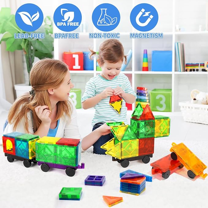 Mruikeny Magnetic Tiles Cars Construction Set - 4 PCS Magnet Cars Set | Magnetic Tiles Magnet Bricks Truck Sensory Toys, Educational Building Blocks for 3 4 5 6 7 8+ Year Old Girls Boys