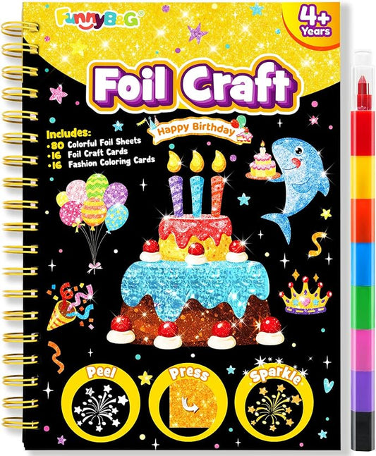 FUNNYB&G Foil Art Craft Kit for Kids, Sparkly Birthday Gift Toy for Kids | No Mess, Kids Ages 4-10 Create Sparkling Artwork, A Creative Gift for Birthdays, Holidays, Travel Activities,Screen-Free Fun