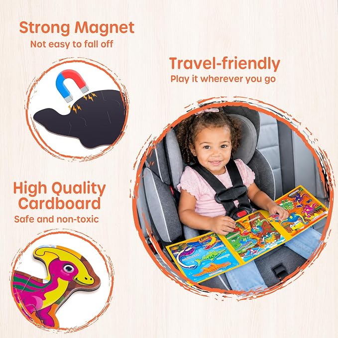SYNARRY Magnetic Dinosaur Puzzles for Toddlers 3-5, Travel Toys for Kids | with Storage Bag Car Airplane Road Trip Activities Easy to Store Screen-Free Calm-Down Tool Tough Safe Materials Kids Gifts